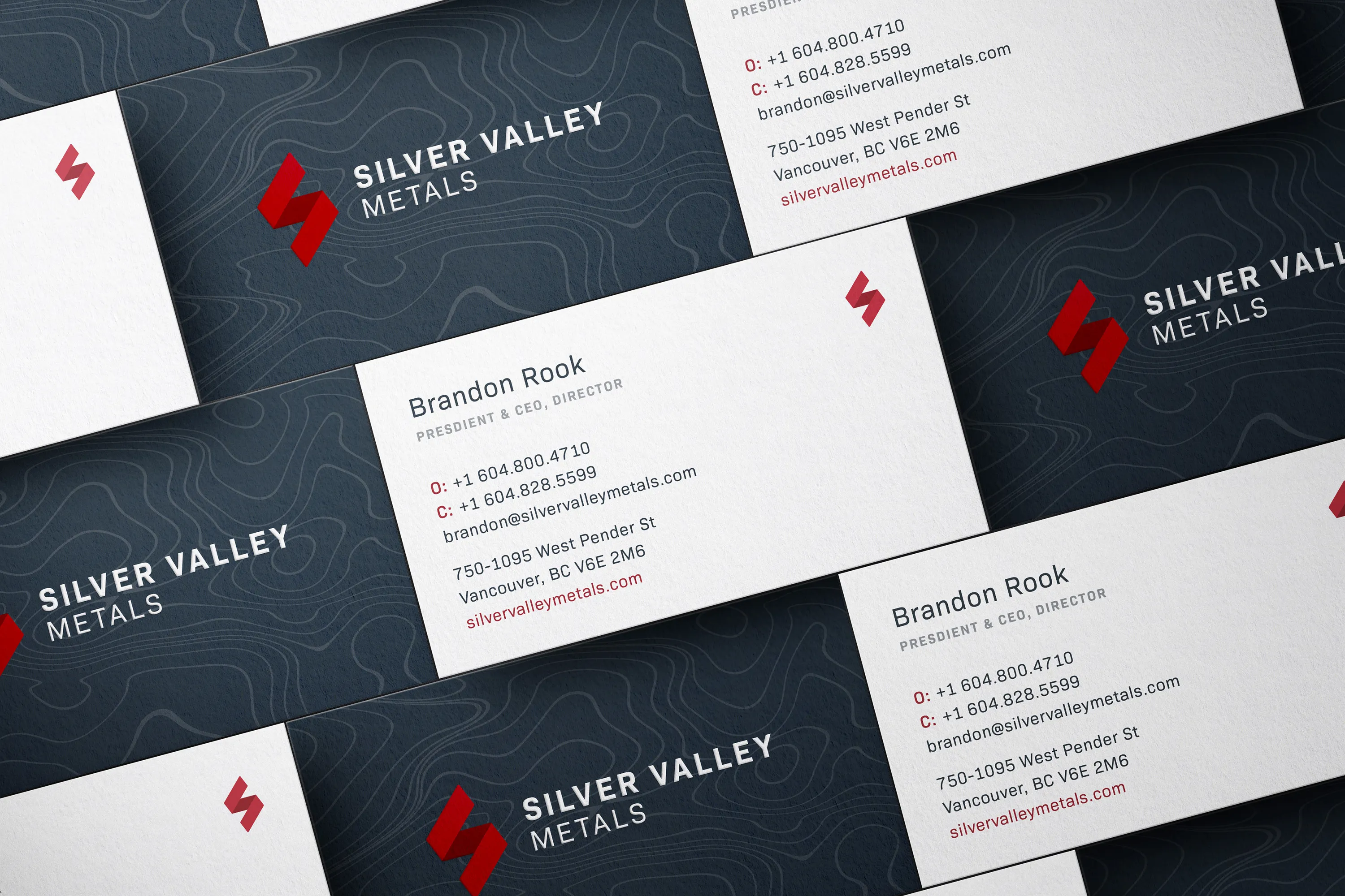 Silver Valley Metals business card on dark stock