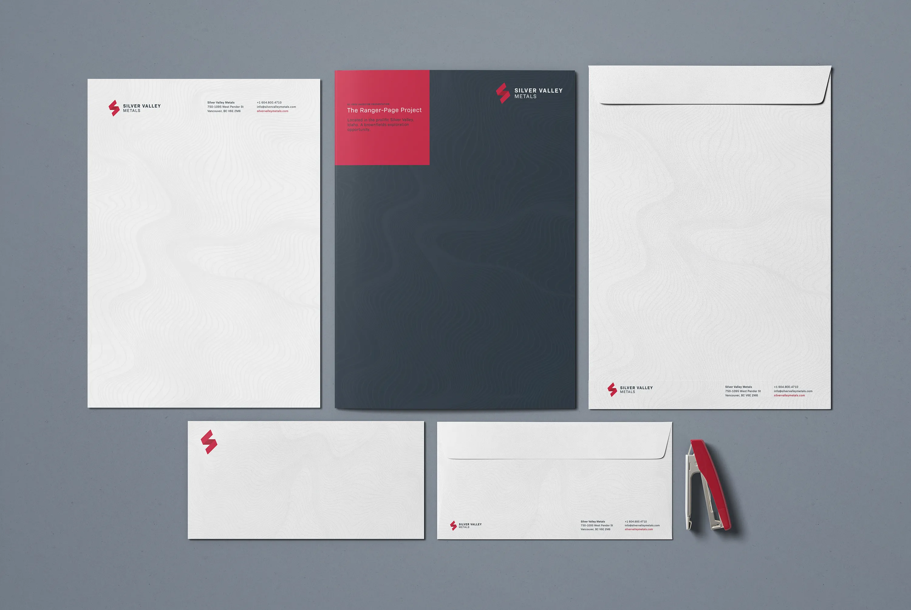 Silver Valley Metals stationery suite — letterhead, envelope, and business card